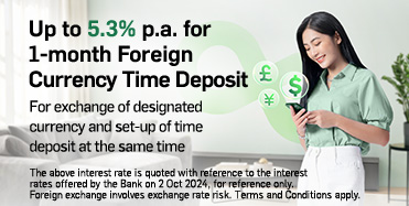 Up to 5.3% p.a. for 1-month Foreign Currency Time Deposit